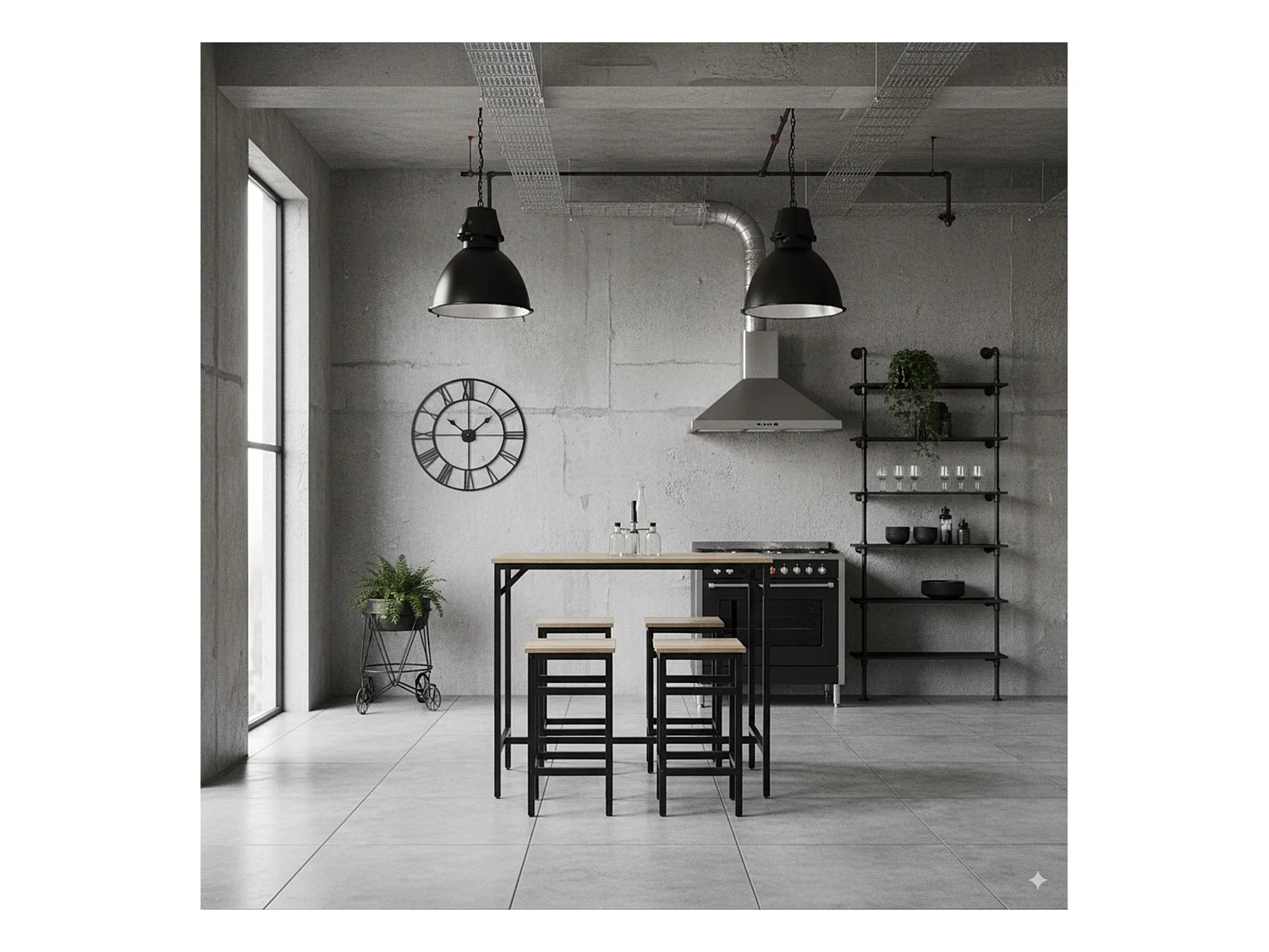 Sabi - Tavolo bar con 4 sgabelli quadrati in stile industrial bleach, set angolo breakfast