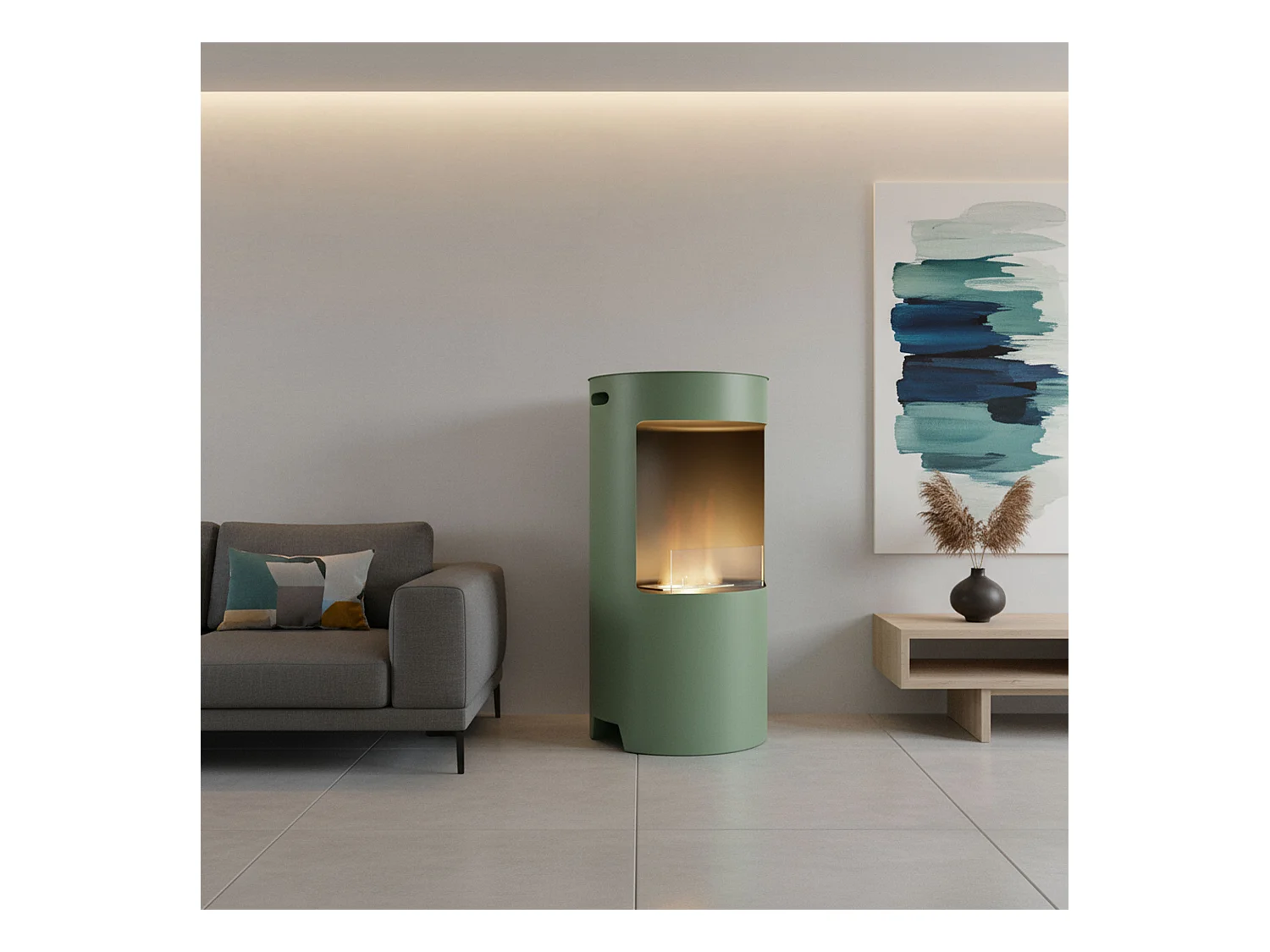Giulio Cesare - Chimenea de Suelo de Bioetanol Ø40x80 cm de Diseño Interior en Acero Inoxidable Salvia