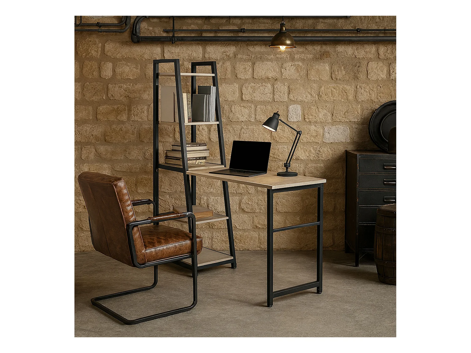 Bimyo - Secretária dobrável com estante economizadora de espaço 50x41xH128 cm estilo industrial bleach