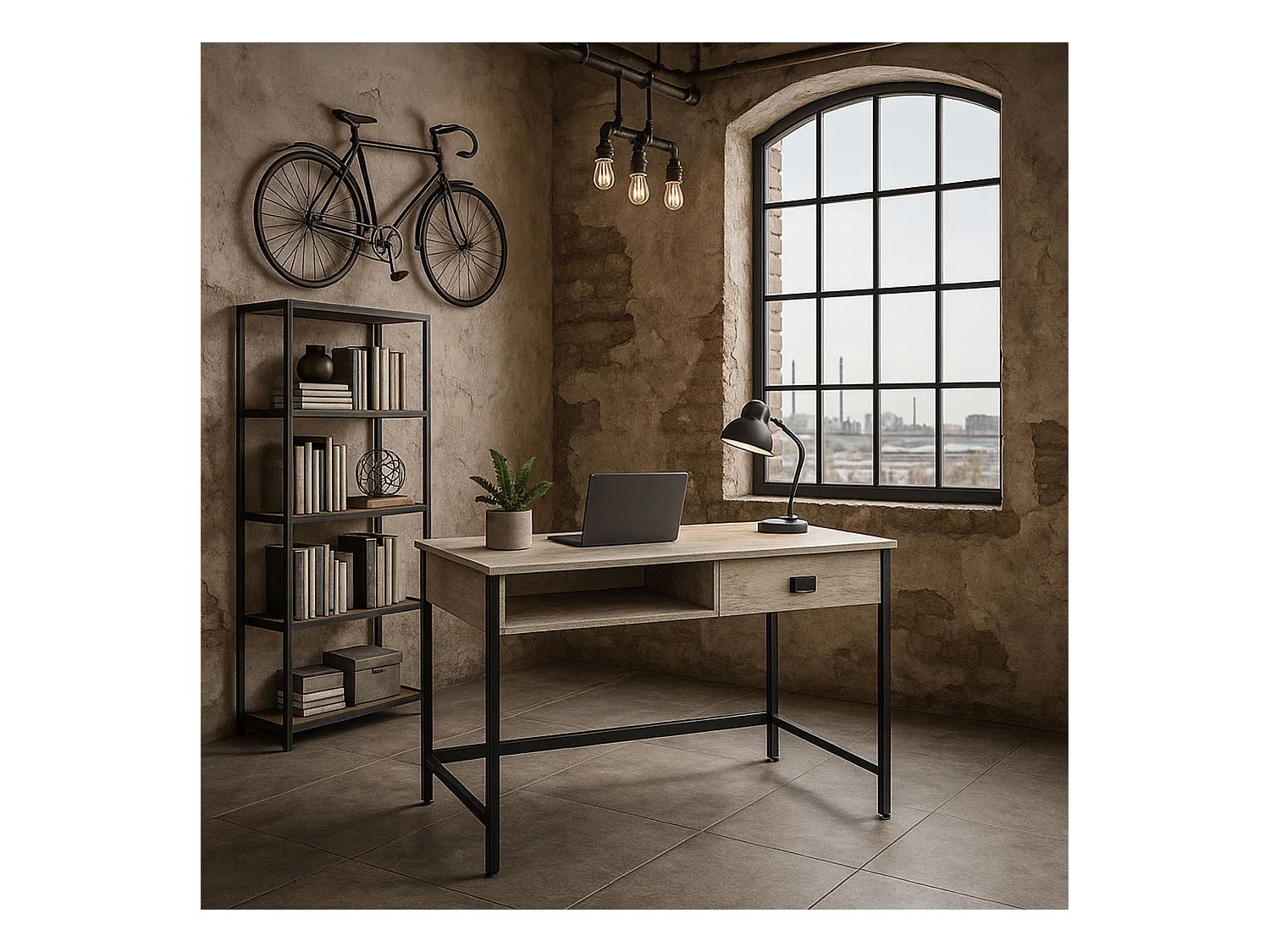 Otari - Secretária estilo industrial bleach com gaveta e compartimento aberto, 110x50xH76 cm