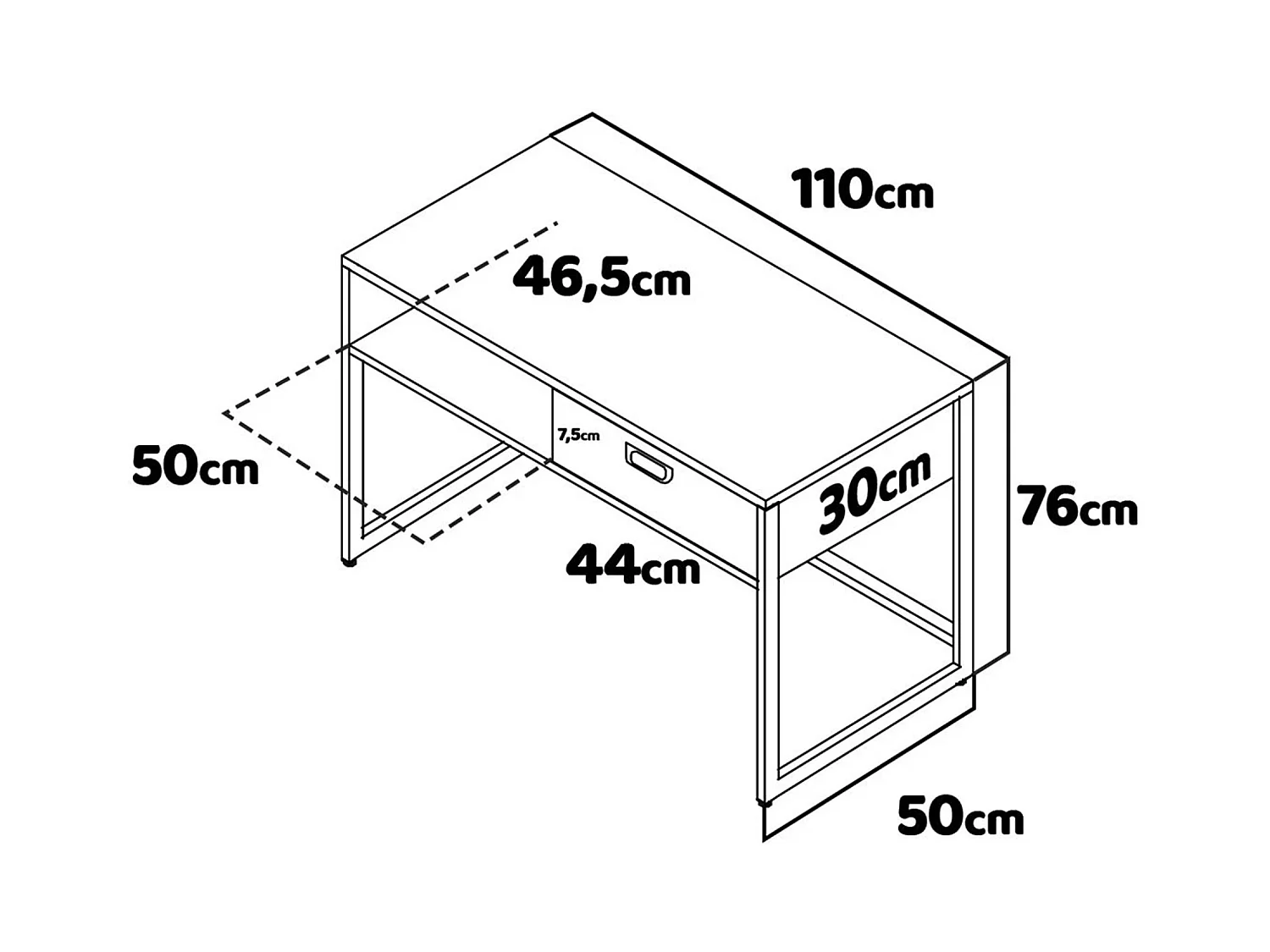 Otari - Secretária estilo industrial bleach com gaveta e compartimento aberto, 110x50xH76 cm
