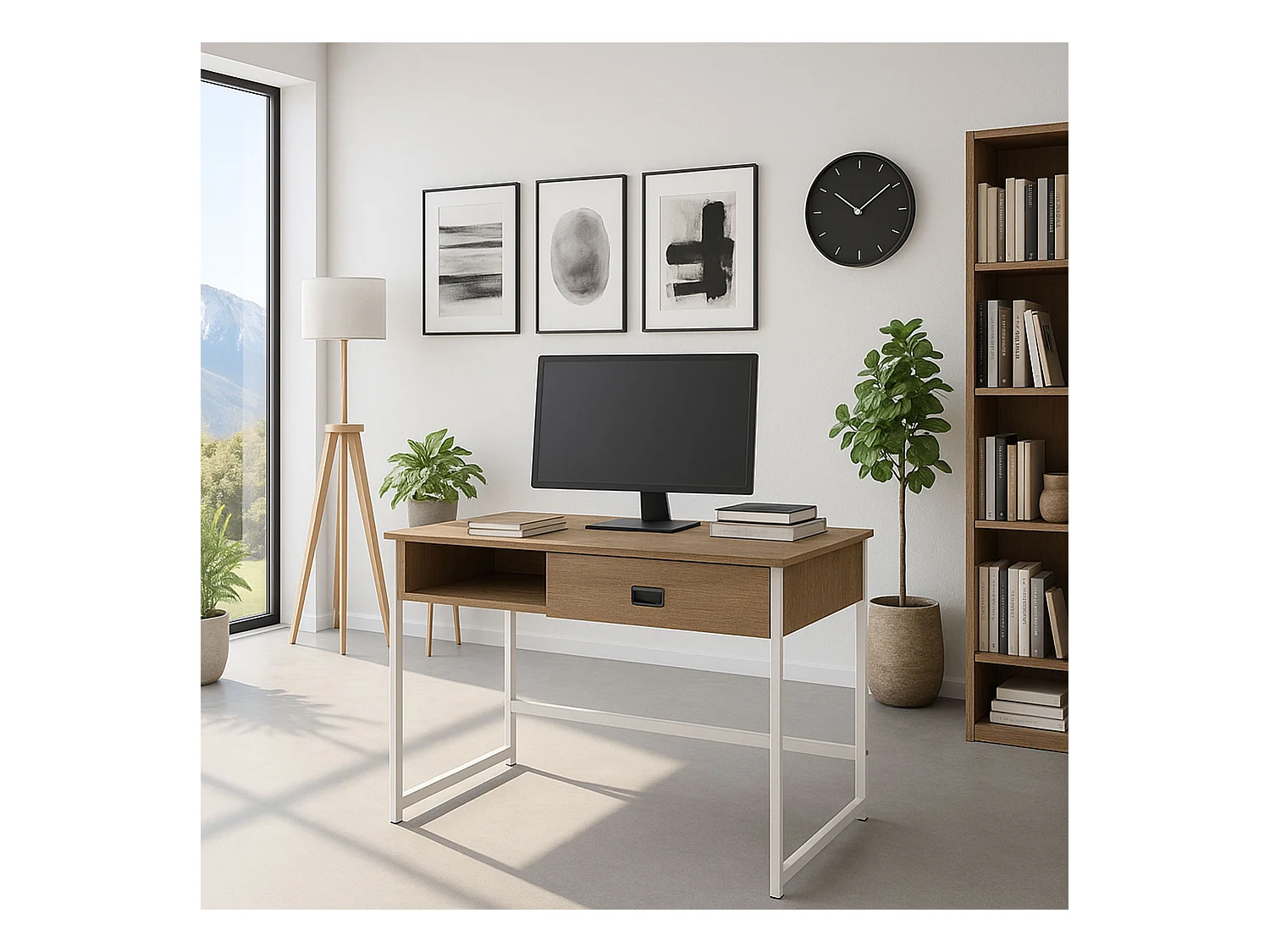 Otari - Secretária estilo industrial oak com gaveta e compartimento aberto, 110x50xH76 cm