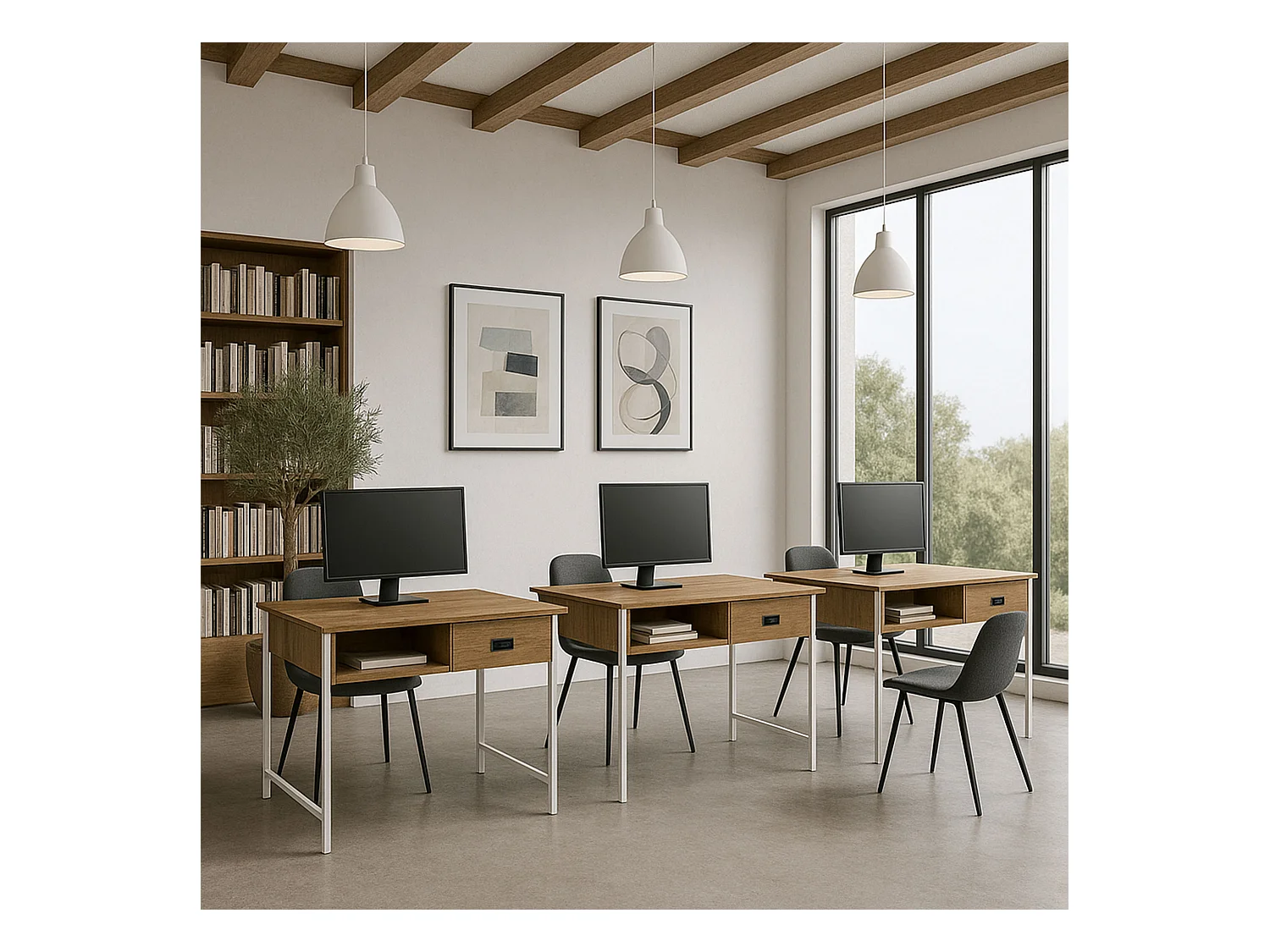Otari - Secretária estilo industrial oak com gaveta e compartimento aberto, 110x50xH76 cm