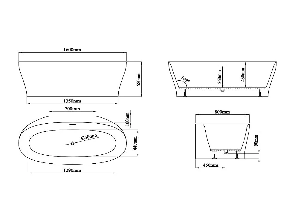 Baignoire semi îlot en acrylique - 220 L - 160 x 80 x 58 cm - Noir mat - LUMEL