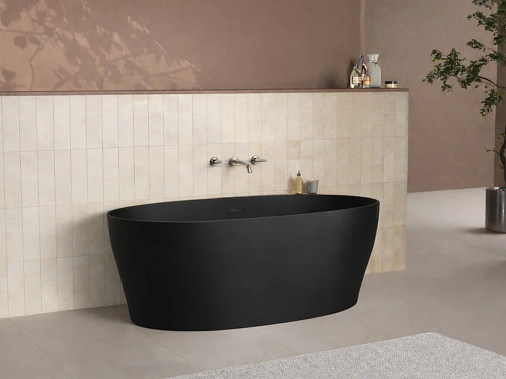 Baignoire semi îlot en acrylique - 220 L - 160 x 80 x 58 cm - Noir mat - LUMEL