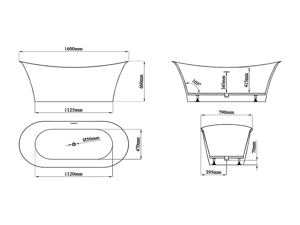 Baignoire îlot en acrylique - 211 L - 160 x 79 x 66 cm – Blanche - KYRON