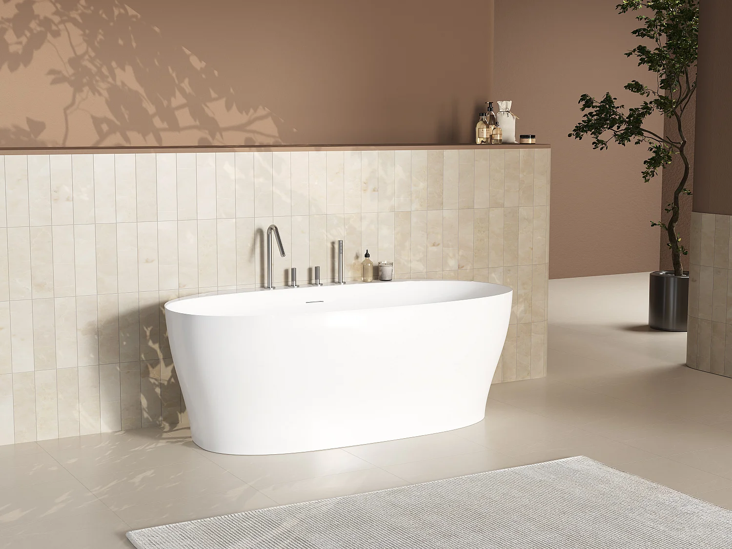 Baignoire semi îlot en acrylique  - 220 L - 160 x 80 x 58 cm - Blanc mat - LUMEL