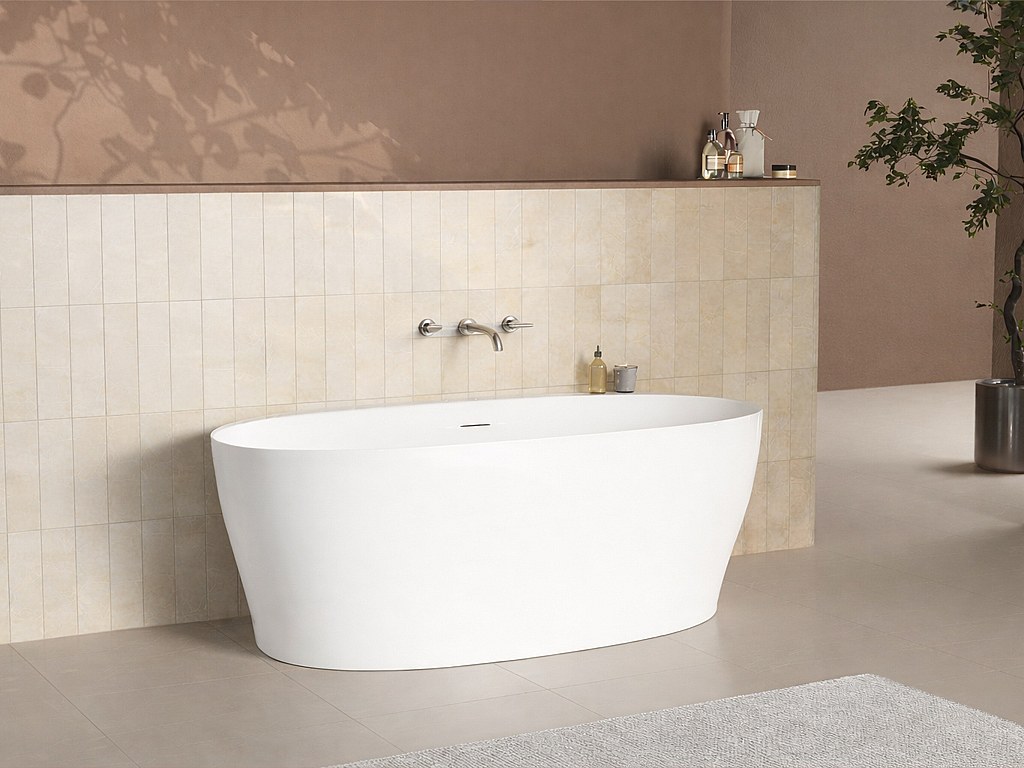 Vente-unique Acryl-Halbfreistehende Badewanne - 220 L - 160 X 80 X 58 Cm - Mattweiß - Lumel