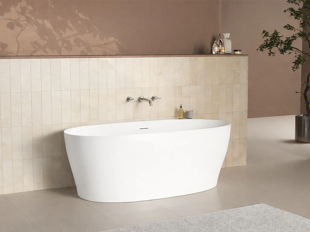 Baignoire semi îlot en acrylique  - 220 L - 160 x 80 x 58 cm - Blanc mat - LUMEL