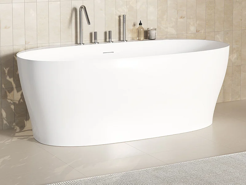 Baignoire semi îlot en acrylique  - 220 L - 160 x 80 x 58 cm - Blanc mat - LUMEL