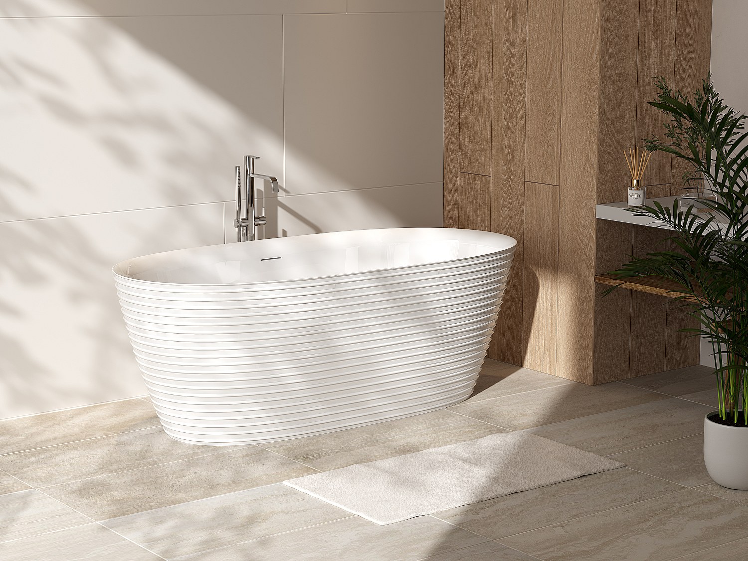 Vente-unique Freistehende Geriffelte Acryl-Badewanne - 242 L - 160 X 78 X 59 Cm - Weiß - Zafiro