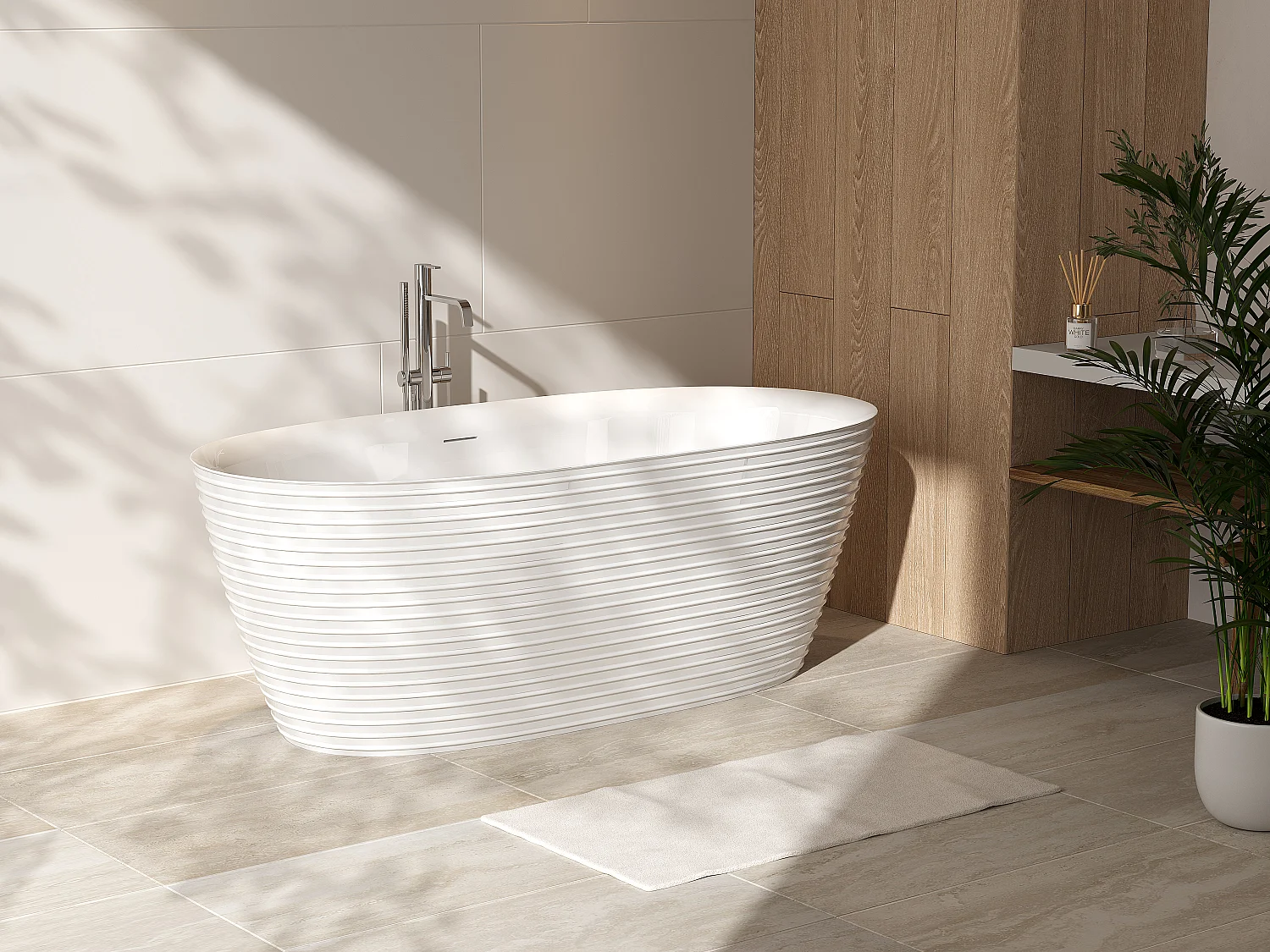 Baignoire îlot striée en acrylique - 242 L - 160 x 78 x 59 cm - Blanche - ZAFIRO