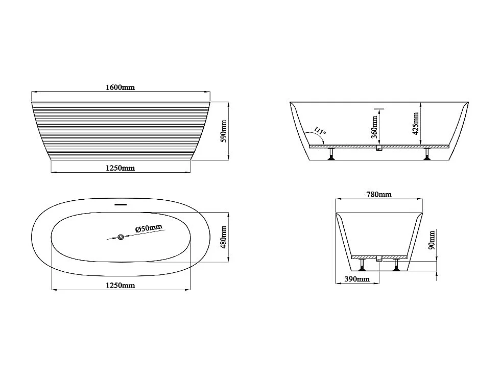Baignoire îlot striée en acrylique - 242 L - 160 x 78 x 59 cm - Blanche - ZAFIRO