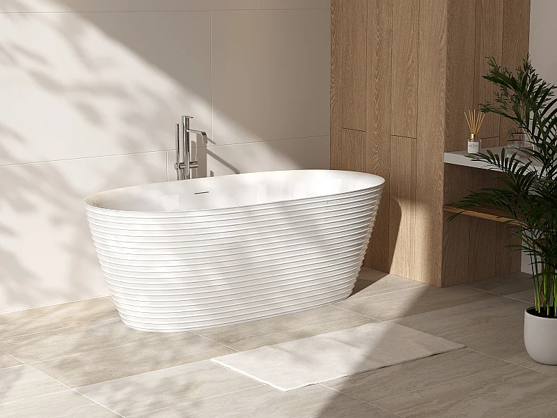Baignoire îlot striée en acrylique - 242 L - 160 x 78 x 59 cm - Blanche - ZAFIRO