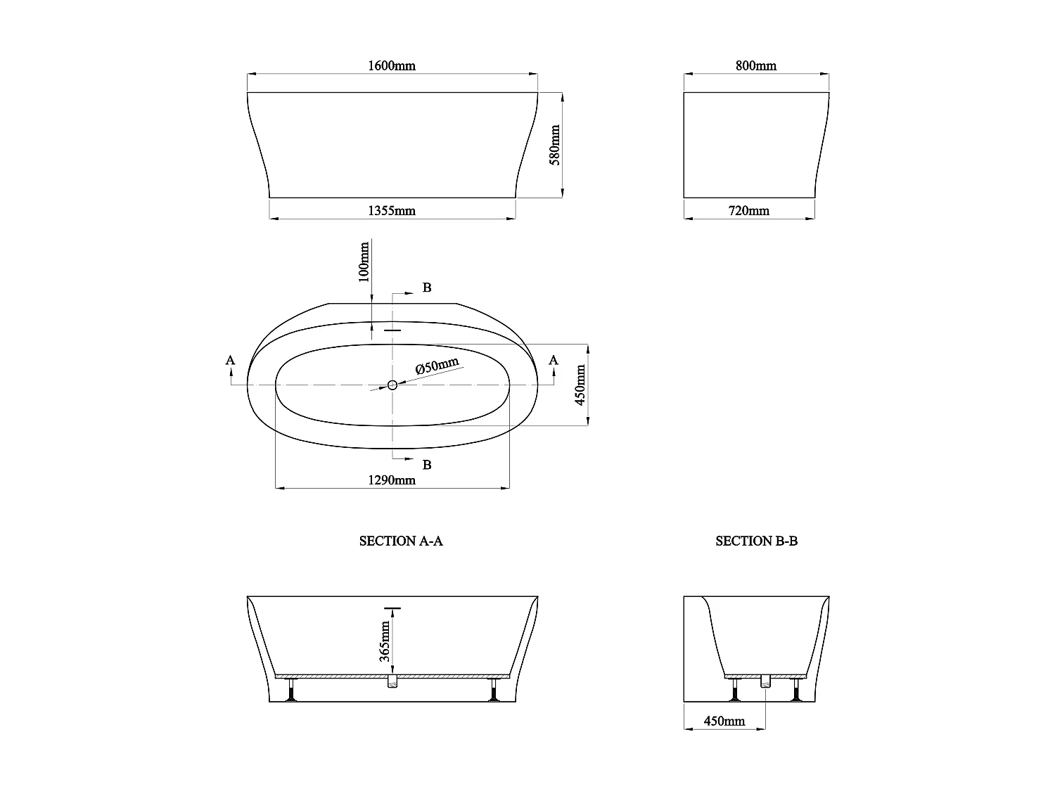 Baignoire îlot blanc mat - 160 x 74 x 60 cm - 234 L - CALDRIA