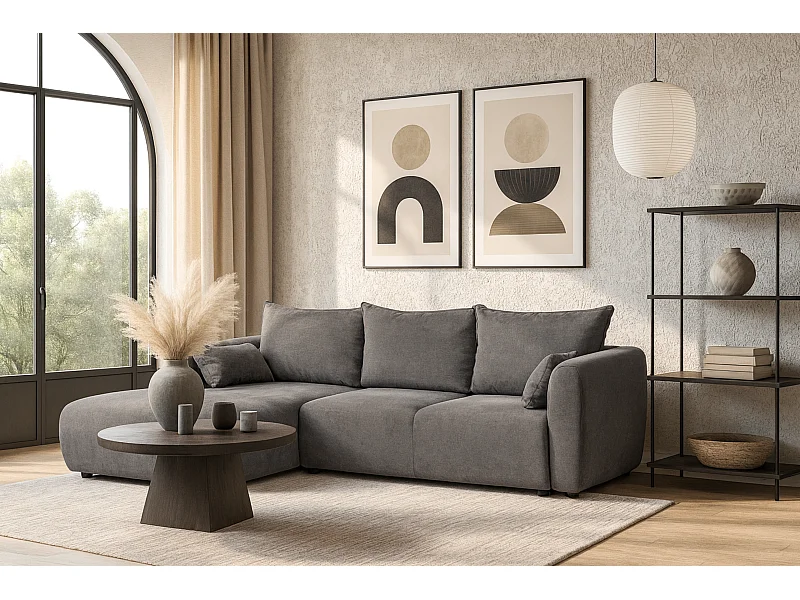 DALLAS – Canapé d’angle convertible gauche 255x165 cm, tissu Raven 07 gris