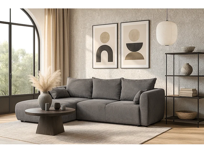 DALLAS – Canapé d’angle convertible gauche 255x165 cm, tissu Raven 07 gris