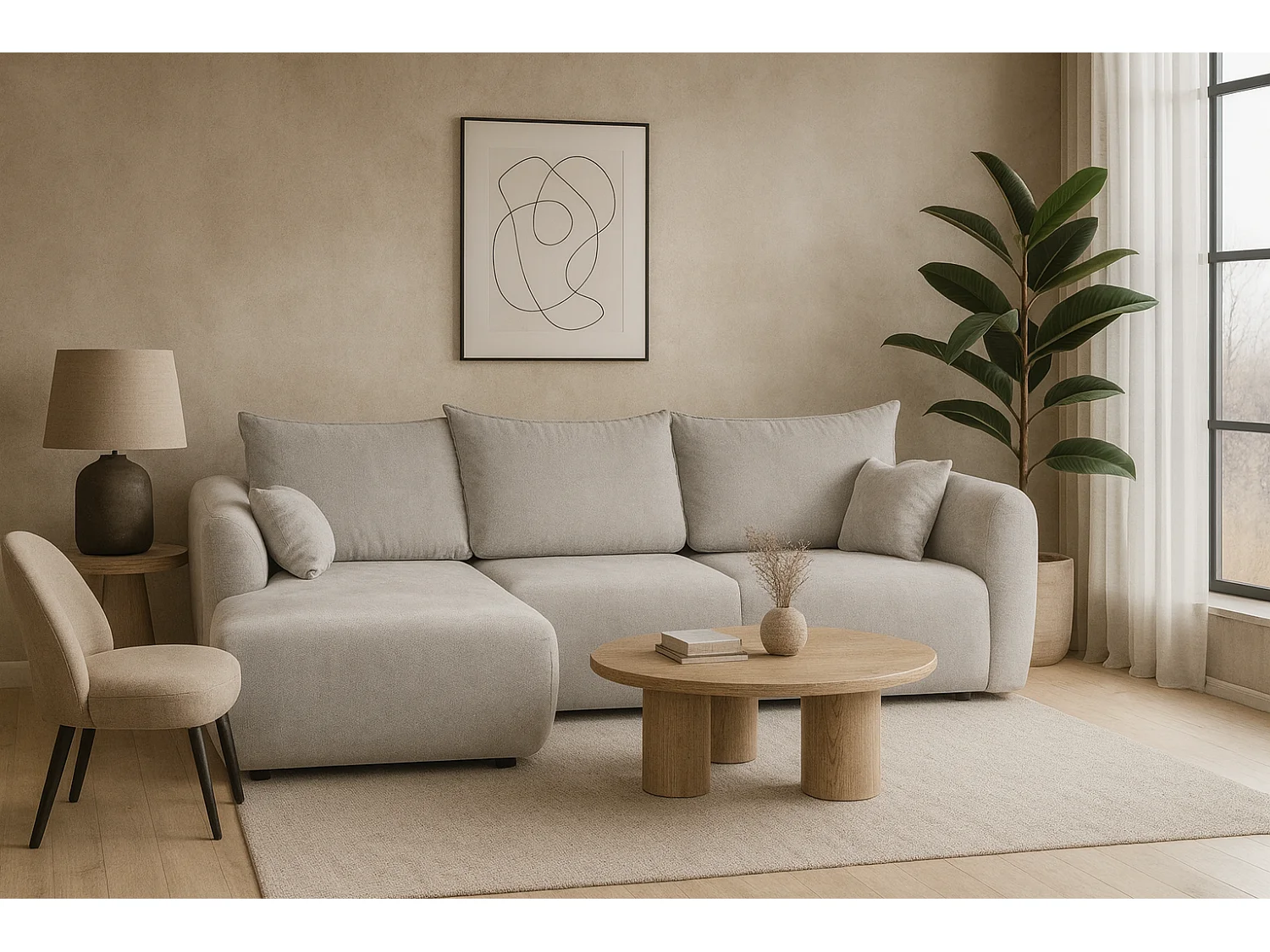 DALLAS – Canapé d’angle convertible gauche 255x165 cm, tissu Raven 06 gris clair