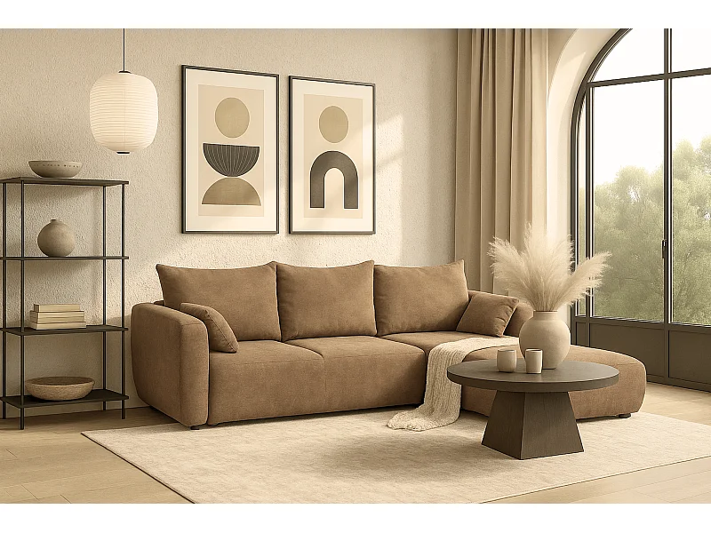 DALLAS – Hoekbank met slaapfunctie rechts 255x165 cm, stof Raven  34 lichtbriun