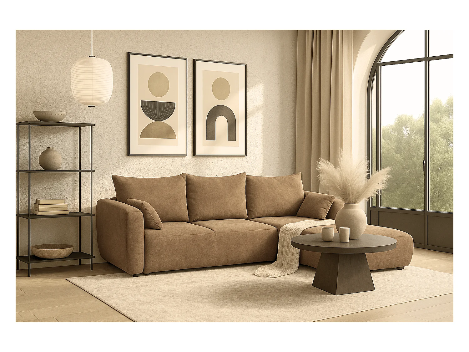 DALLAS – Hoekbank met slaapfunctie rechts 255x165 cm, stof Raven  34 lichtbriun