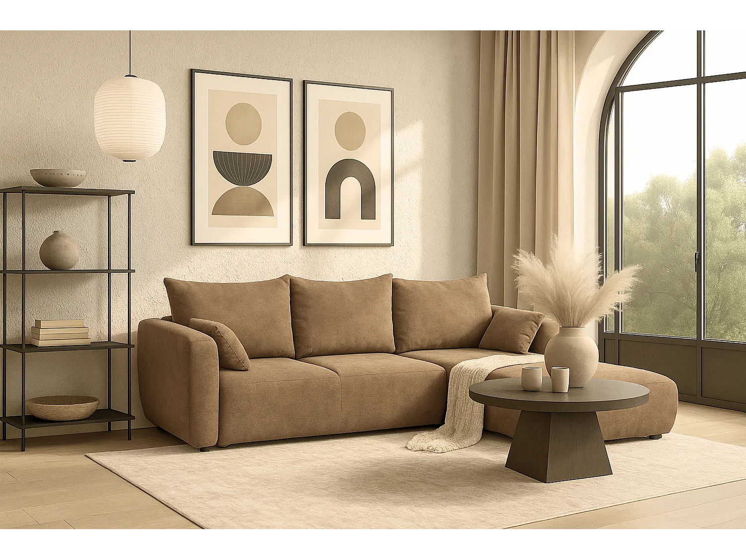 DALLAS – Ecksofa mit Schlaffunktion rechts 255x165 cm, Stoff Raven  34 hellbarun