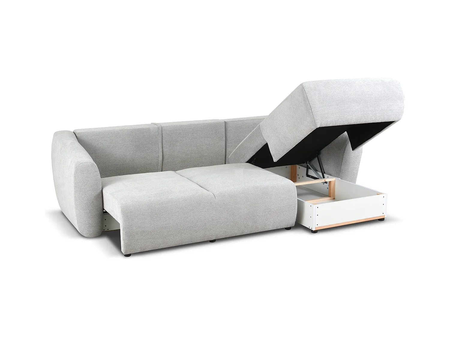 DALLAS – Hoekbank met slaapfunctie rechts 255x165 cm, stof Raven 06 lichtgrijs