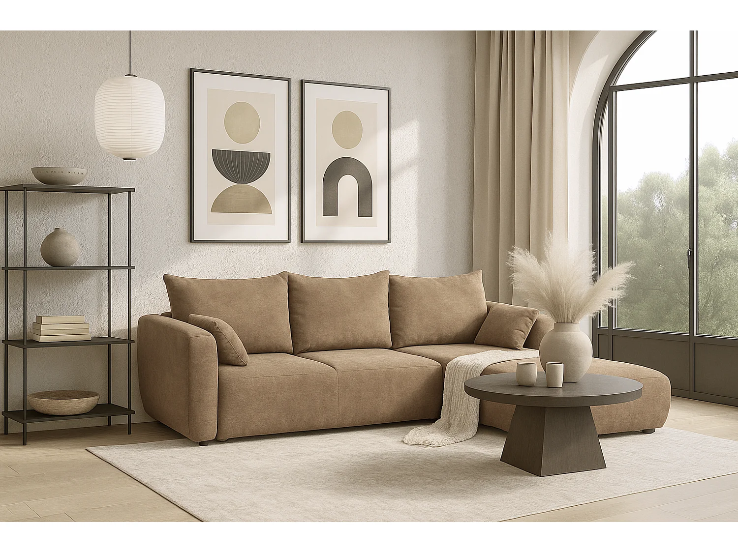 DALLAS – Canapé d’angle convertible droit 255x165 cm, tissu Raven  30 beige