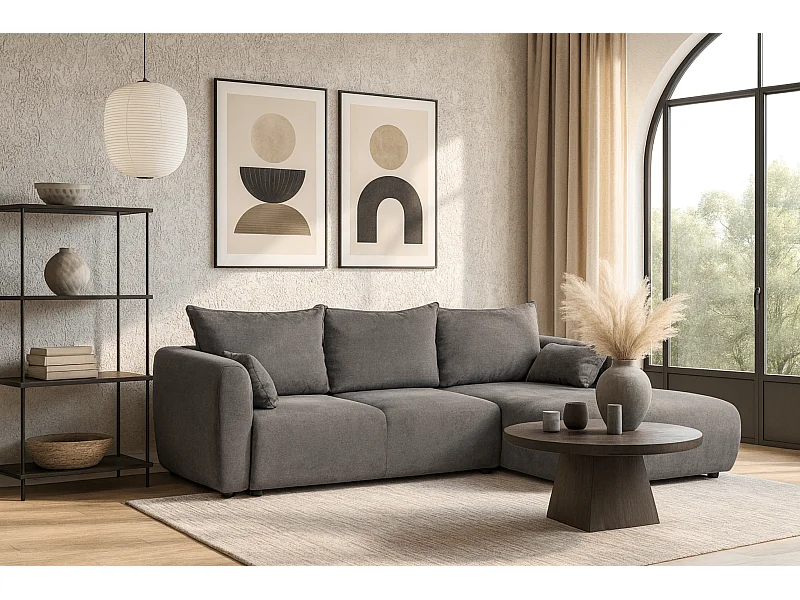 DALLAS – Hoekbank met slaapfunctie rechts 255x165 cm, stof Raven  7 grijs