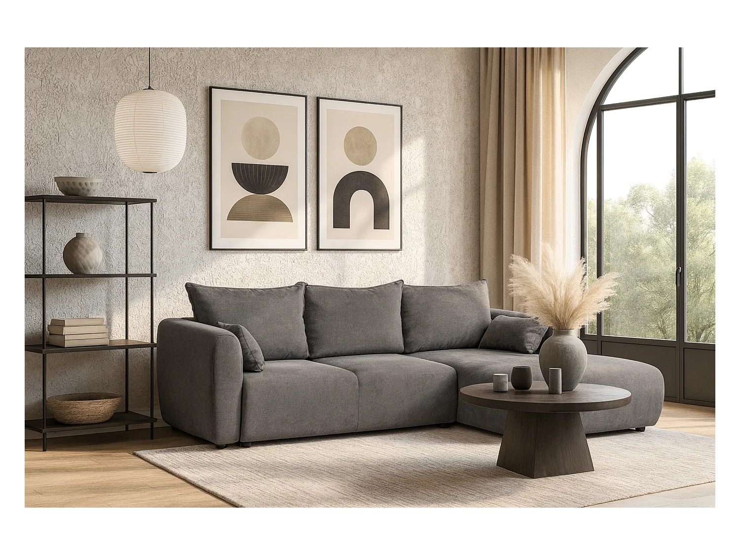 DALLAS – Hoekbank met slaapfunctie rechts 255x165 cm, stof Raven  7 grijs