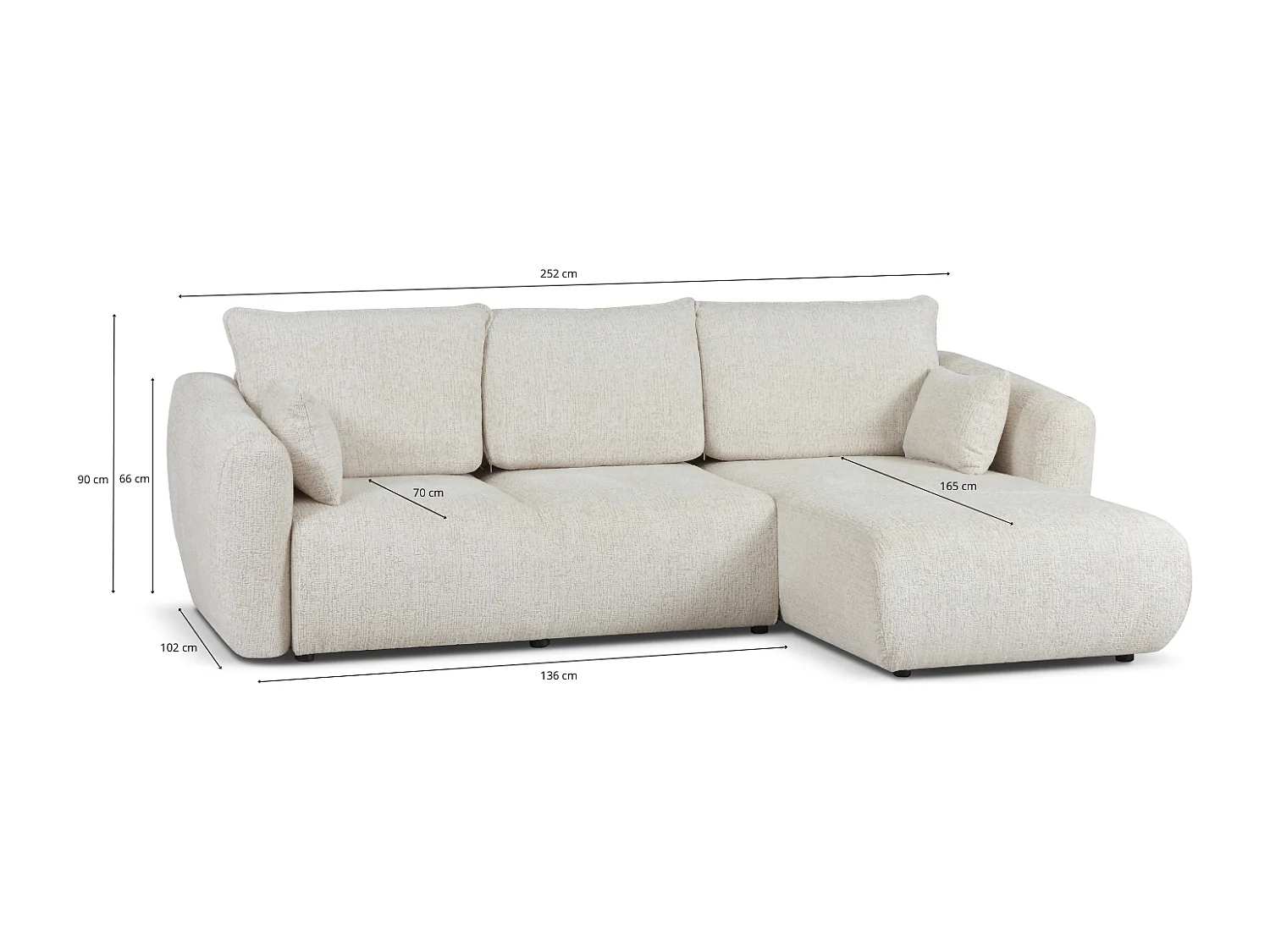 DALLAS – Canapé d’angle convertible droit 255x165 cm, tissu Raven 07 gris