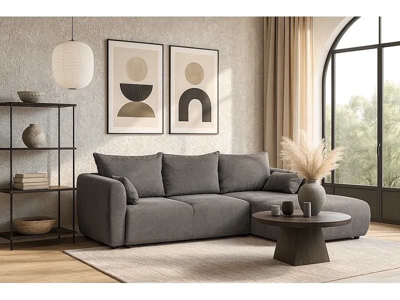 DALLAS – Canapé d’angle convertible droit 255x165 cm, tissu Raven 07 gris