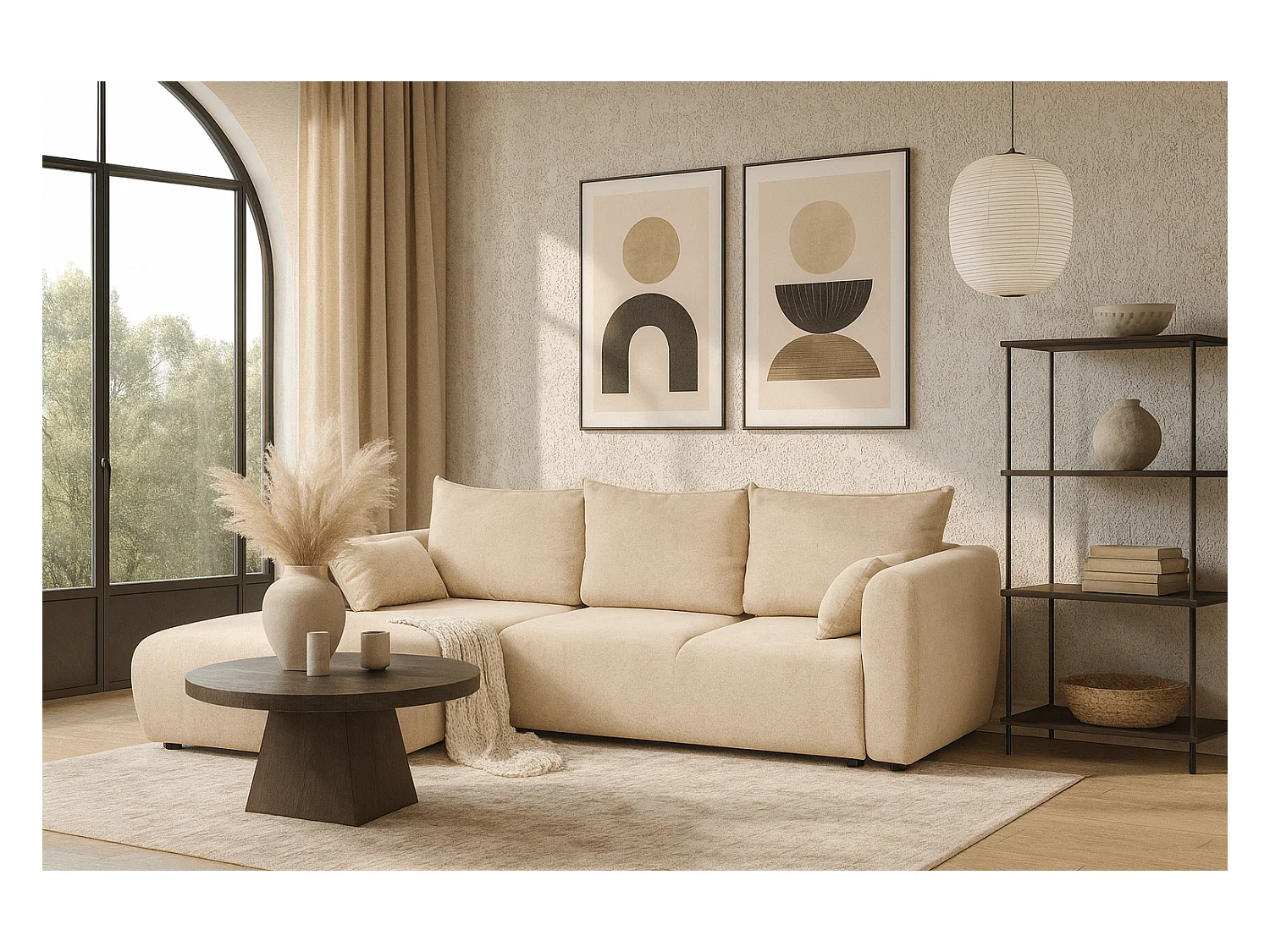 DALLAS – Hoekbank met slaapfunctie links 255x165 cm, stof Raven 24 créme