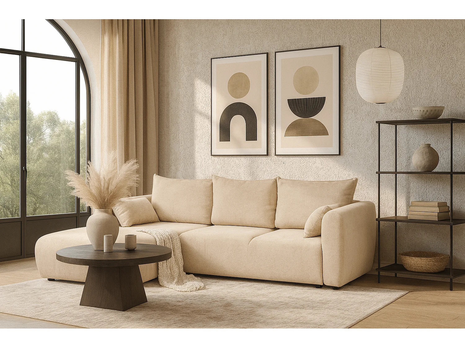 DALLAS – Canapé d’angle convertible gauche 255x165 cm, tissu Raven 24 créme