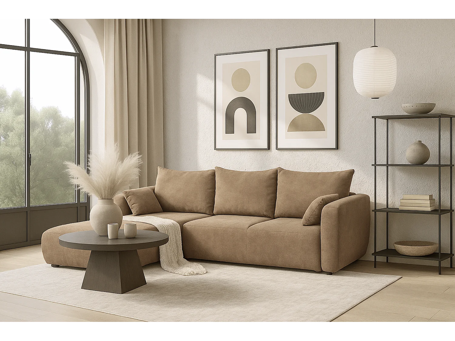 DALLAS – Canapé d’angle convertible gauche 255x165 cm, tissu Raven 30 beige