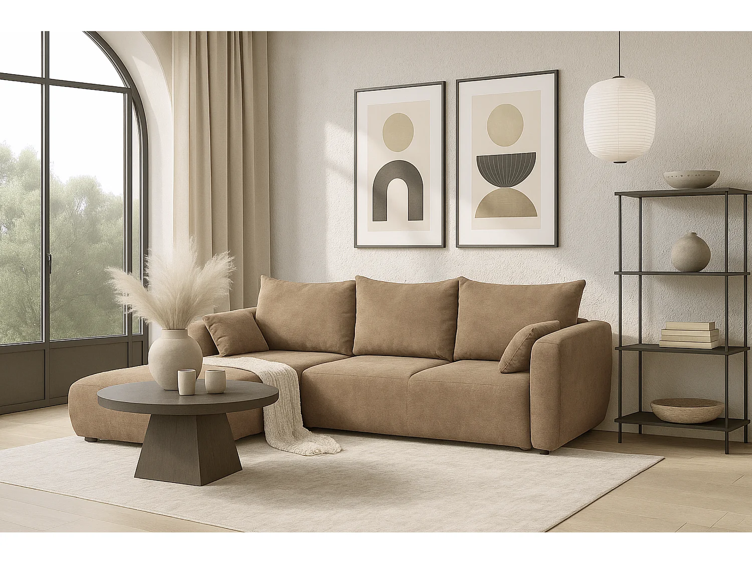 DALLAS – Canapé d’angle convertible gauche 255x165 cm, tissu Raven 30 beige