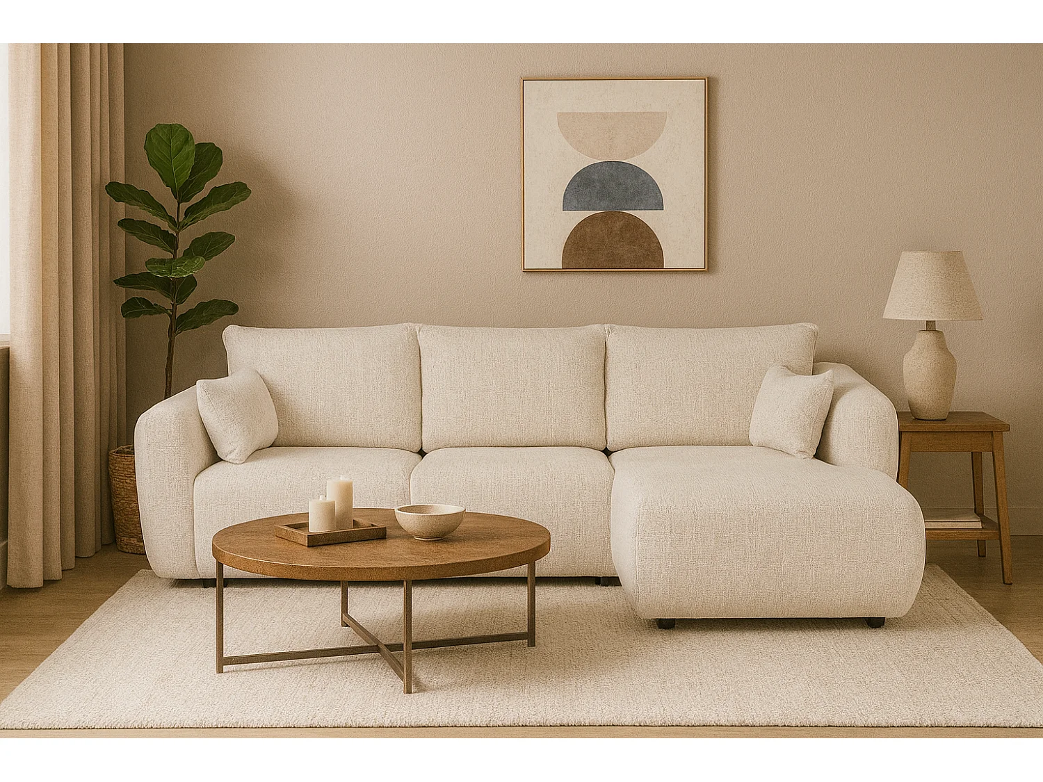 DALLAS – Canapé d’angle convertible droit 255x165 cm, tissu Bello 5 crème