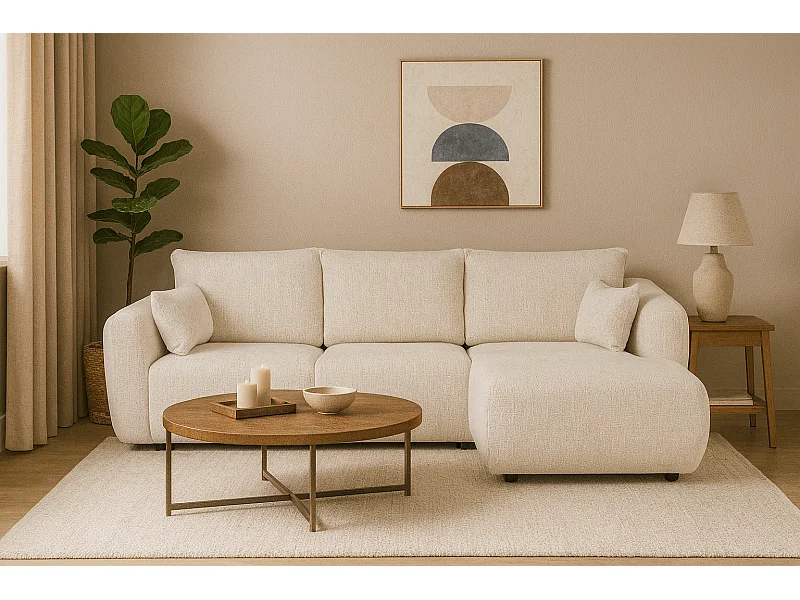 DALLAS – Canapé d’angle convertible droit 255x165 cm, tissu Bello 5 crème