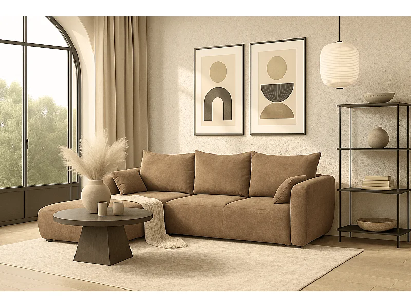 DALLAS – Hoekbank met slaapfunctie links 255x165 cm, stof Raven 34 lichtbriun