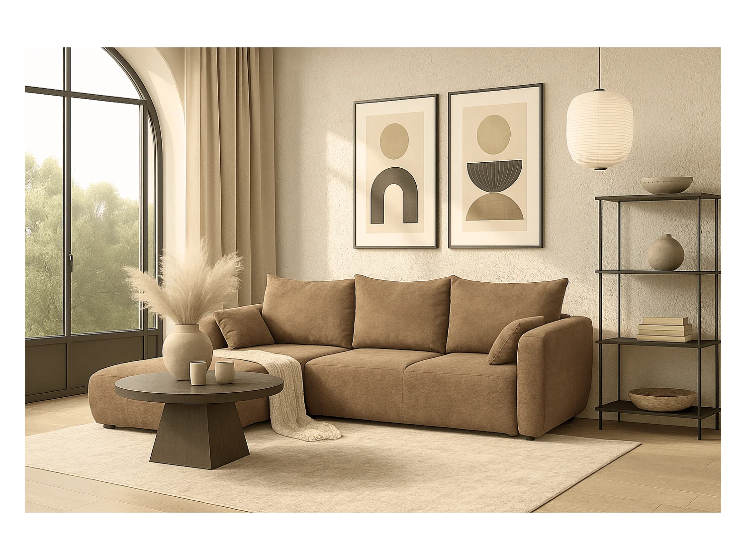 DALLAS – Hoekbank met slaapfunctie links 255x165 cm, stof Raven 34 lichtbriun