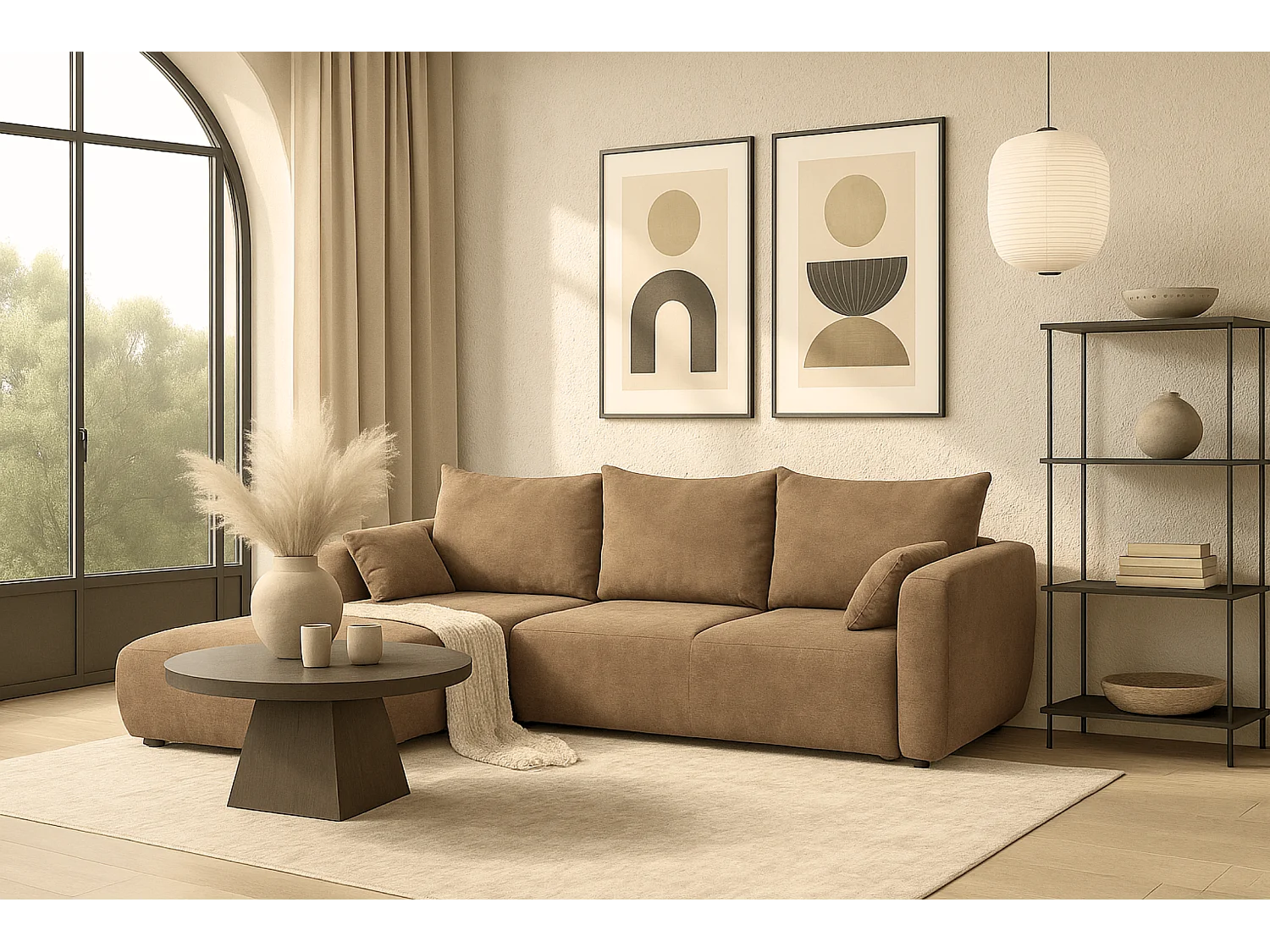 DALLAS – Hoekbank met slaapfunctie links 255x165 cm, stof Raven 34 lichtbriun