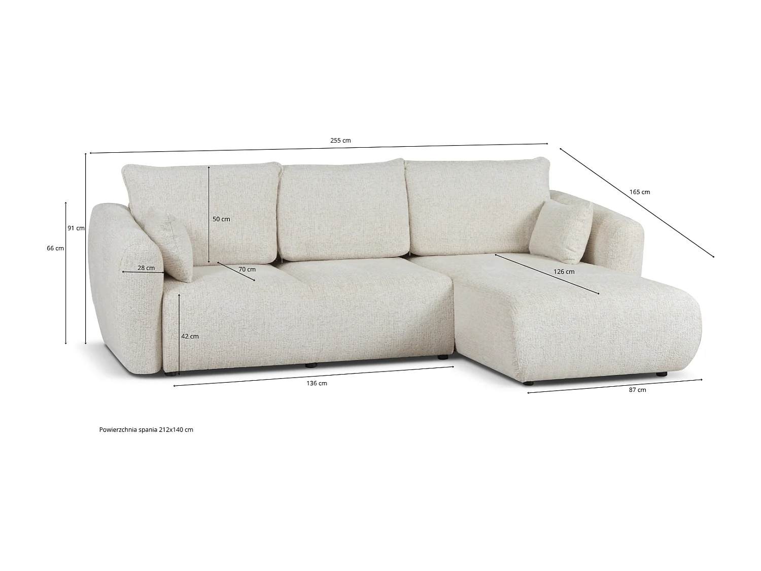 DALLAS – Canapé d’angle convertible gauche 255x165 cm, tissu Raven 34 marron clair