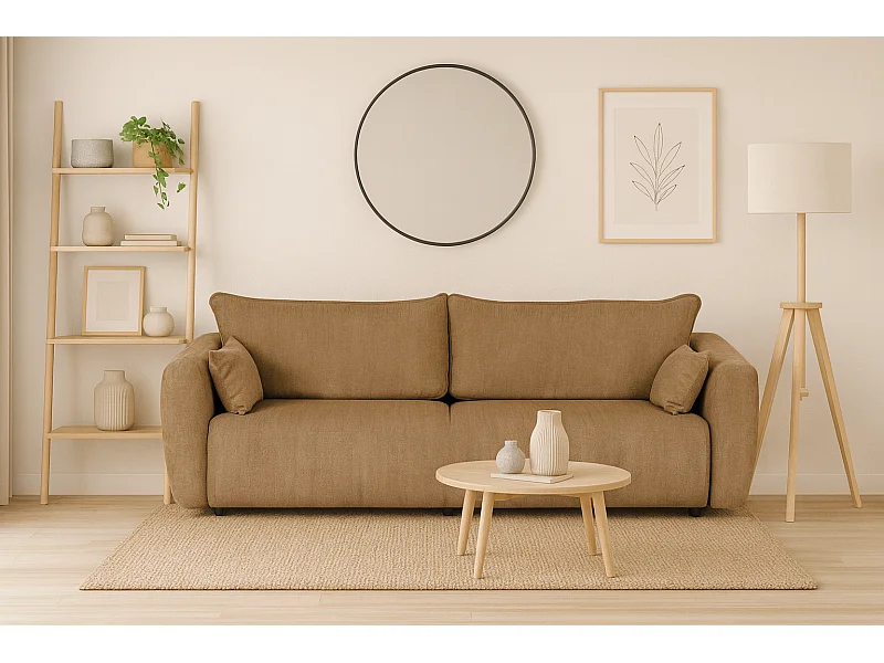 DALLAS – Canapé 3 places convertible 238x90 cm, couchage 140x196 cm, tissu Raven 34 marron clair