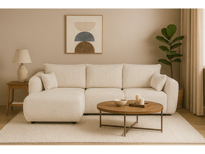 DALLAS – Canapé d’angle convertible gauche 255x165 cm, tissu Bello 5 crème