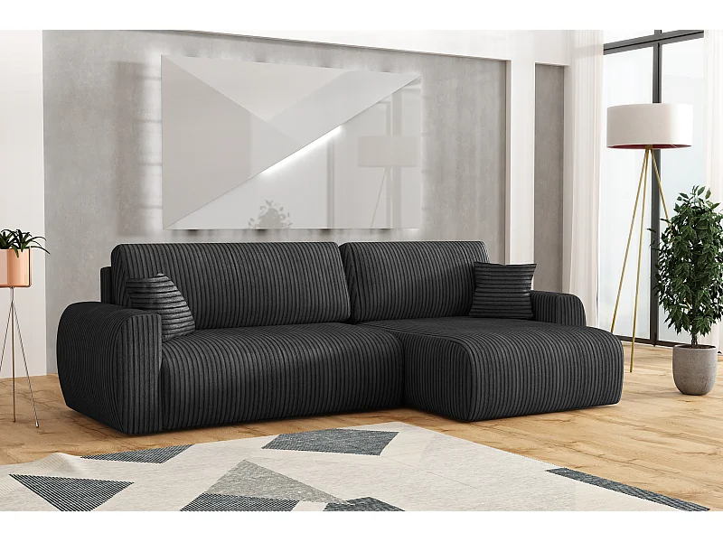 ARIEL L – Rechtse hoekbank met slaapfunctie  250x142x87 cm, stof Velo 19 zwart