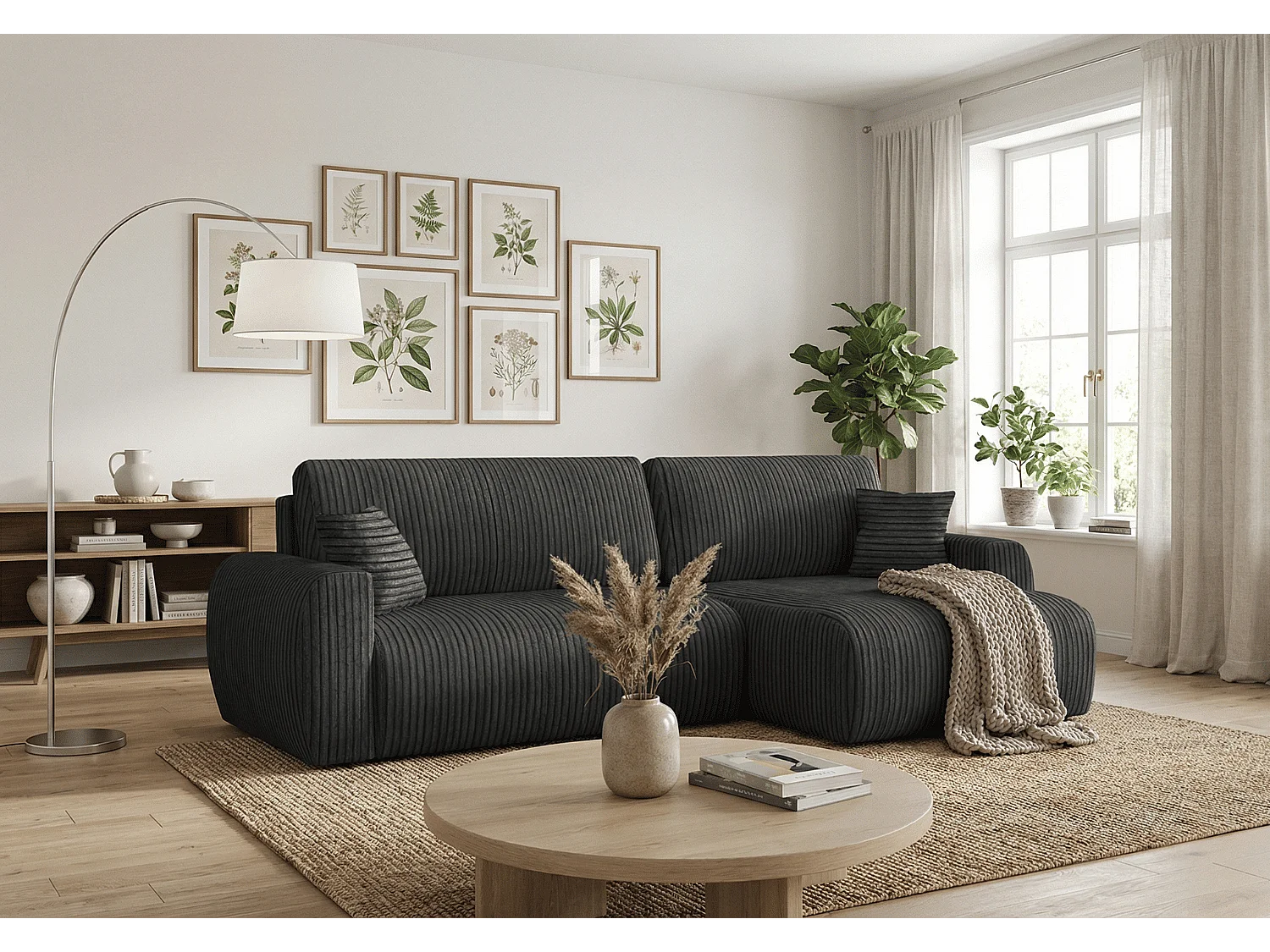 ARIEL L – Canapé d’angle  droit convertible 250x142x87 cm, tissu Velo 19 noir