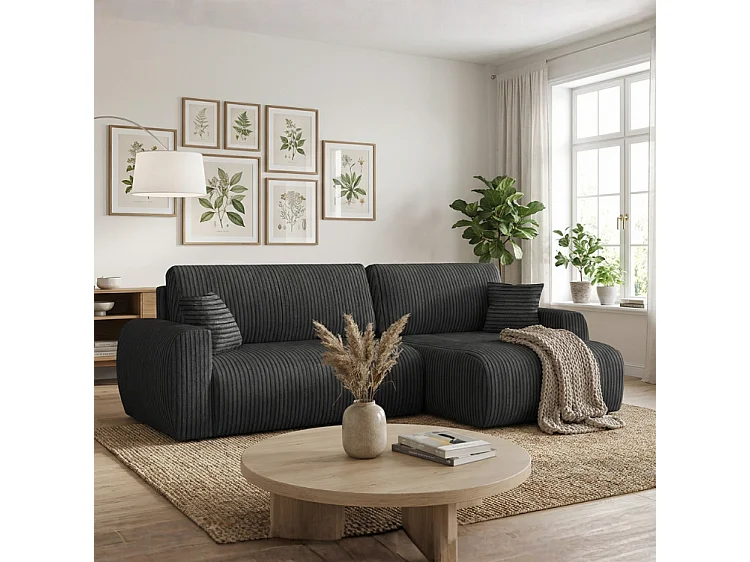 Stylowy narożnik rozkładany prawostronny  ARIEL L 246x150x87 cm w tkaninie Velo 19 czarnej