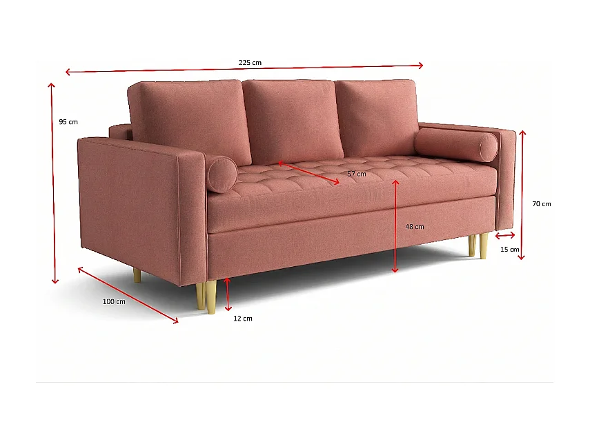 Rozkładana sofa MONZA 225x96x100 cm – różowy Monolith 63