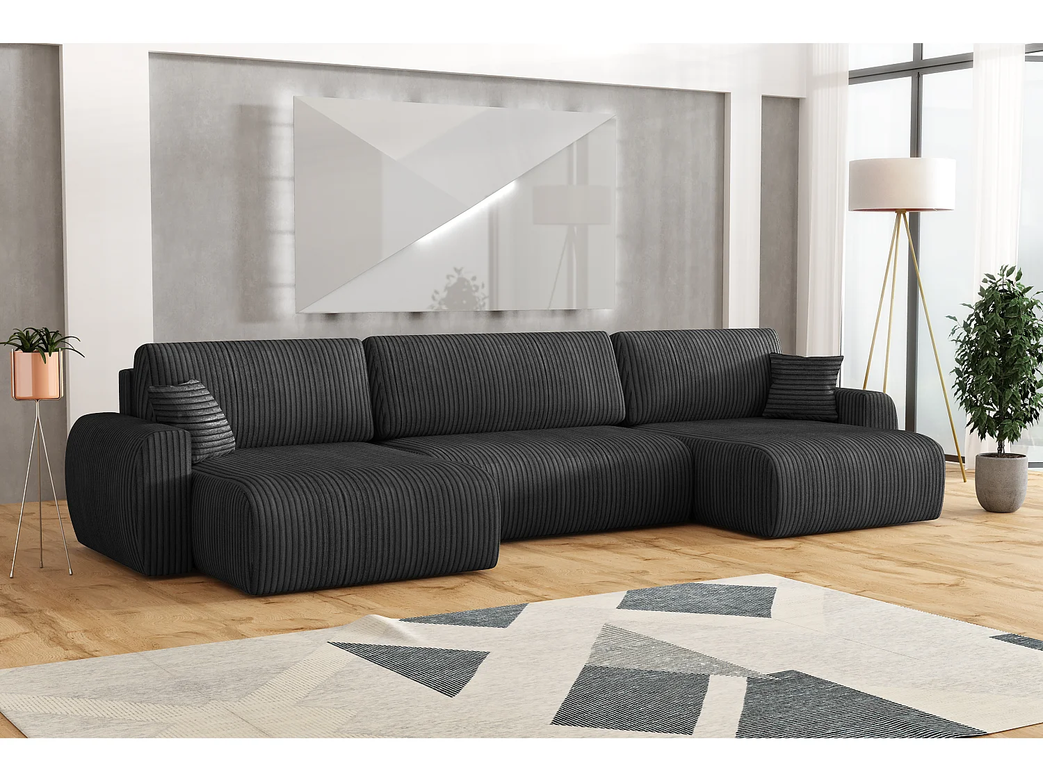 ARIEL U – Hoekbank met slaapfunctie  315x142x87 cm, stof Velo 19 zwart