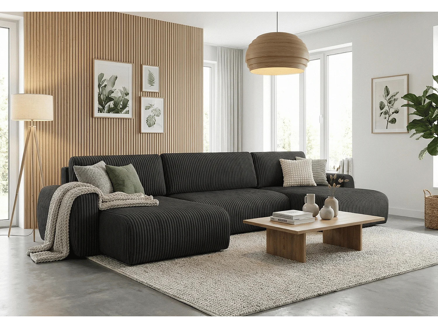 ARIEL U – Canapé d’angle  convertible 315x142x87 cm, tissu Velo 19 noir