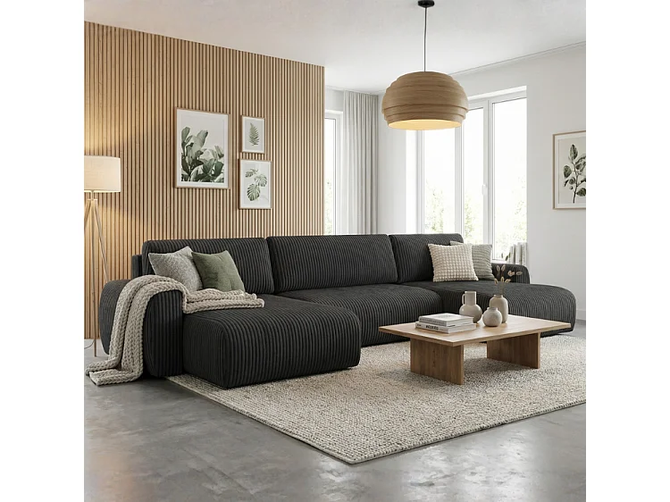 Stylowy narożnik rozkładany  ARIEL U 342x142x87 cm w tkaninie Velo 19 czarnej